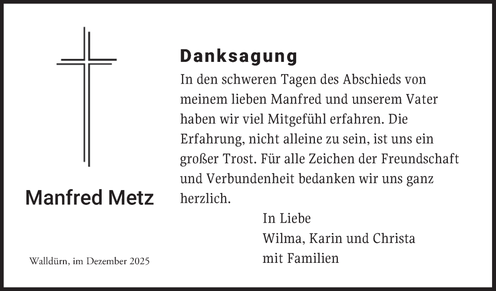  Traueranzeige für Manfred Metz vom 13.12.2025 aus Fränkische Nachrichten