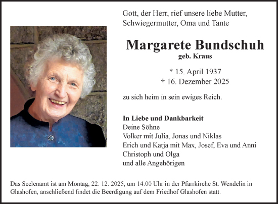 Traueranzeige von Margarete Bundschuh von Fränkische Nachrichten