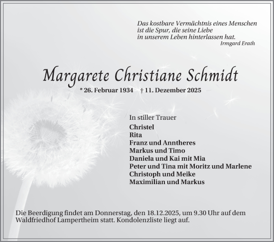 Traueranzeige von Margarete Christiane Schmidt von Mannheimer Morgen