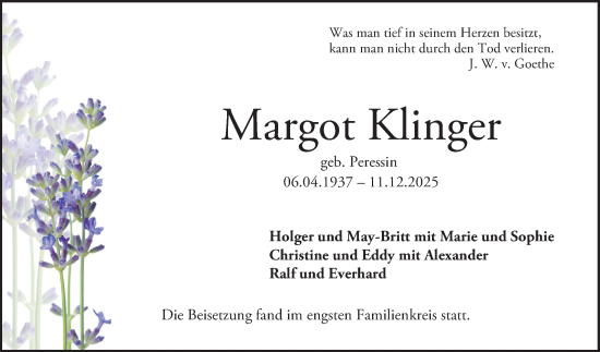 Traueranzeige von Margot Klinger von Bergsträßer Anzeiger