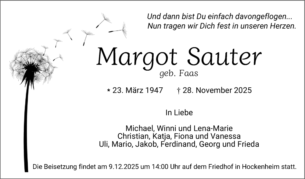  Traueranzeige für Margot Sauter vom 06.12.2025 aus Schwetzinger Zeitung