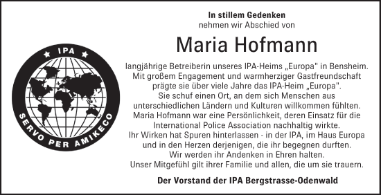 Traueranzeige von Maria Hofmann von Bergsträßer Anzeiger