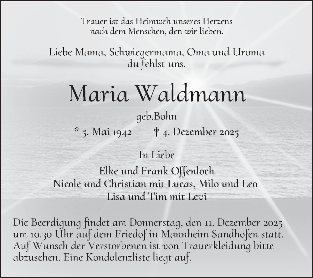  Traueranzeige für Maria Waldmann vom 06.12.2025 aus Mannheimer Morgen