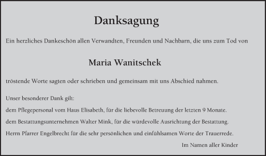 Traueranzeige von Maria Wanitschek von Bergsträßer Anzeiger