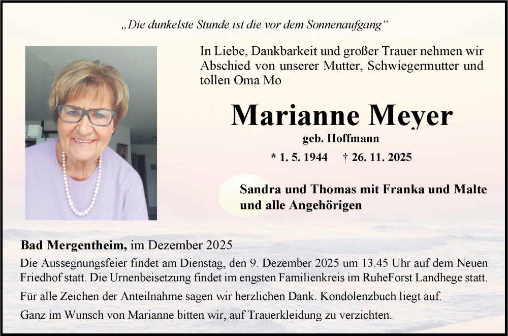  Traueranzeige für Marianne Meyer vom 04.12.2025 aus Fränkische Nachrichten