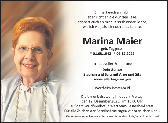 Traueranzeige von Marina Maier von Fränkische Nachrichten