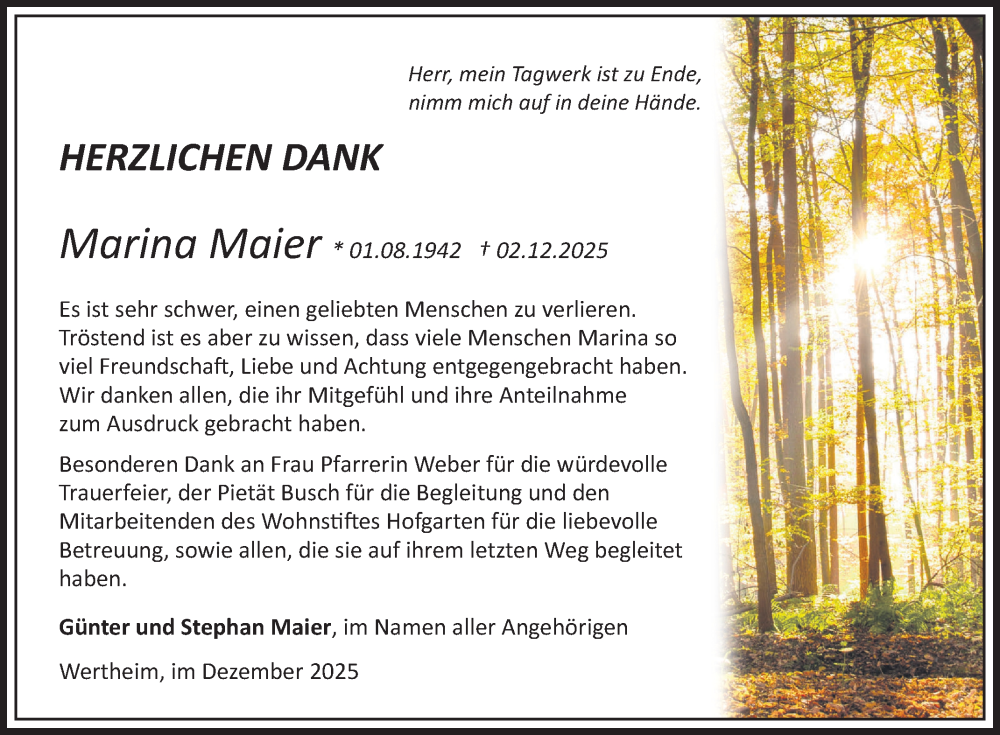  Traueranzeige für Marina Maier vom 27.12.2025 aus Fränkische Nachrichten