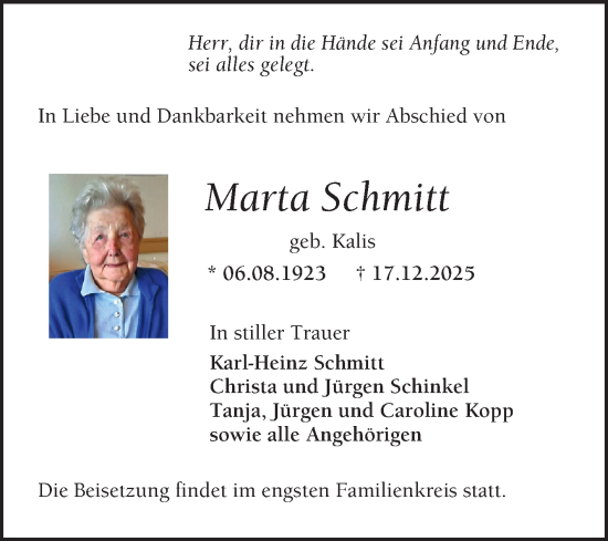 Traueranzeige von Marta Schmitt von Mannheimer Morgen