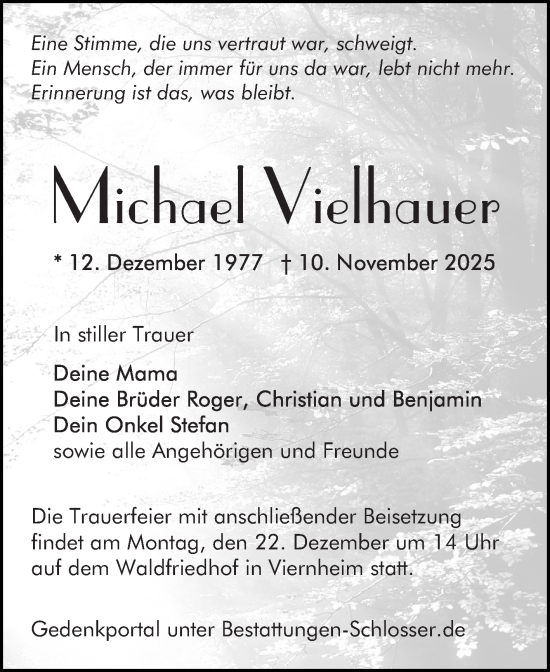 Traueranzeige von Michael Vielhauer von Mannheimer Morgen