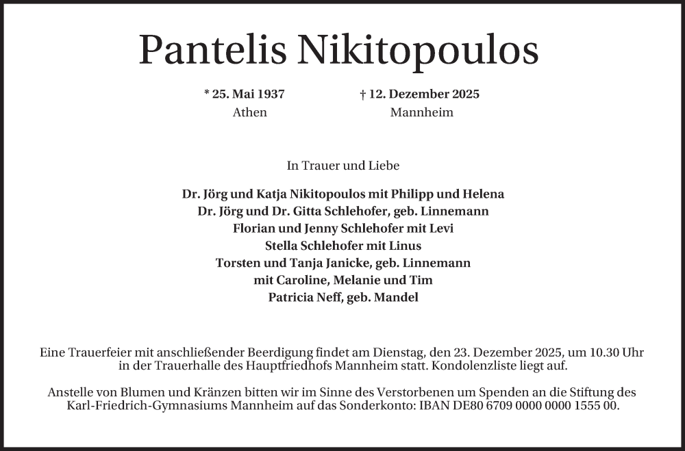  Traueranzeige für Pantelis Nikitopoulos vom 20.12.2025 aus Mannheimer Morgen