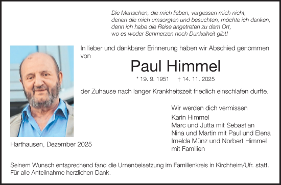 Traueranzeige von Paul Himmel von Fränkische Nachrichten
