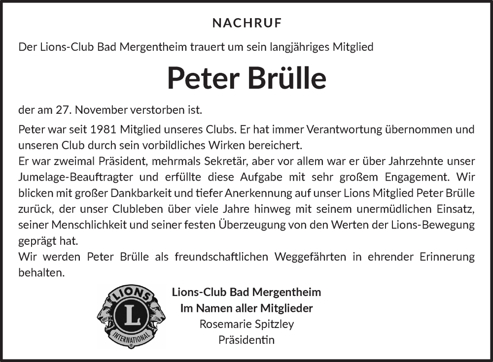  Traueranzeige für Peter Brülle vom 11.12.2025 aus Fränkische Nachrichten