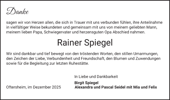 Traueranzeige von Rainer Spiegel von Schwetzinger Zeitung