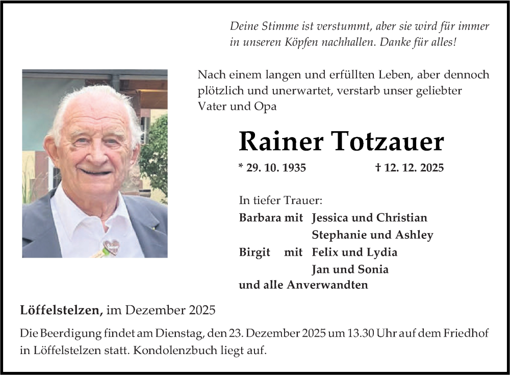  Traueranzeige für Rainer Totzauer vom 20.12.2025 aus Fränkische Nachrichten