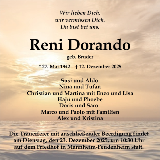 Traueranzeige von Reni Dorando von Mannheimer Morgen