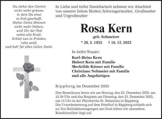 Traueranzeige von Rosa Kern von Fränkische Nachrichten