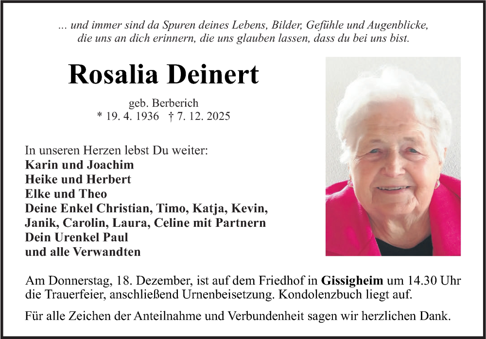  Traueranzeige für Rosalia Deinert vom 13.12.2025 aus Fränkische Nachrichten