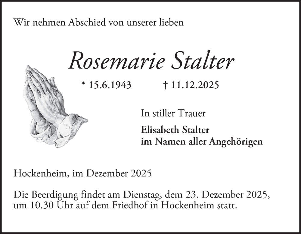  Traueranzeige für Rosemarie Stalter vom 20.12.2025 aus Schwetzinger Zeitung