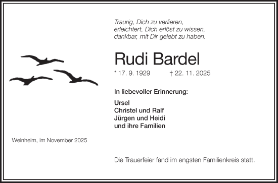 Traueranzeige von Rudi Bardel von Bergsträßer Anzeiger