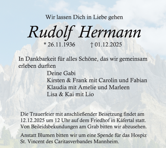 Traueranzeige von Rudolf Hermann von Mannheimer Morgen