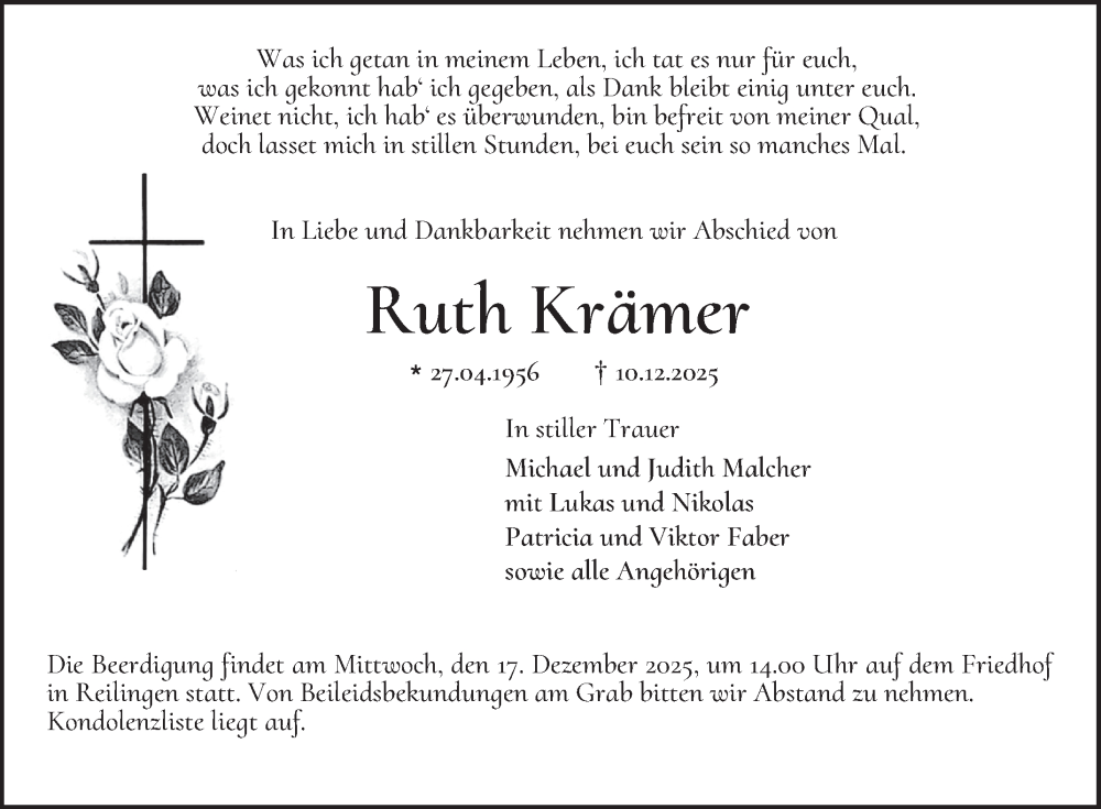  Traueranzeige für Ruth Krämer vom 13.12.2025 aus Schwetzinger Zeitung