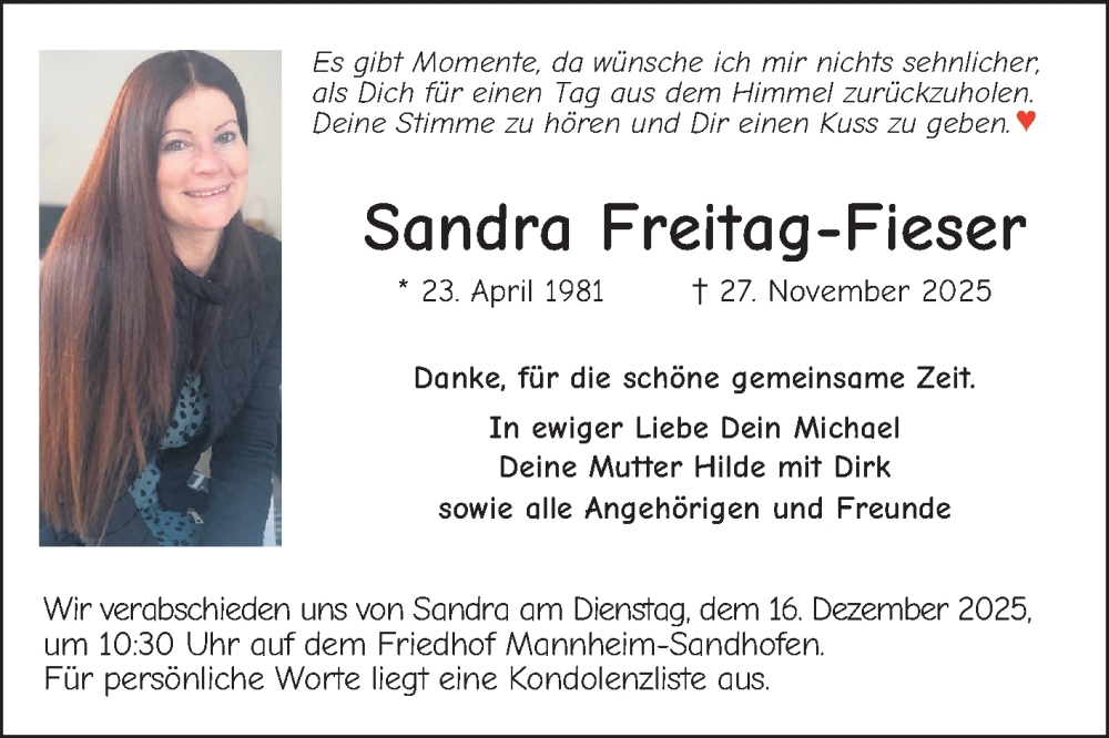  Traueranzeige für Sandra Freitag-Fieser vom 13.12.2025 aus Mannheimer Morgen