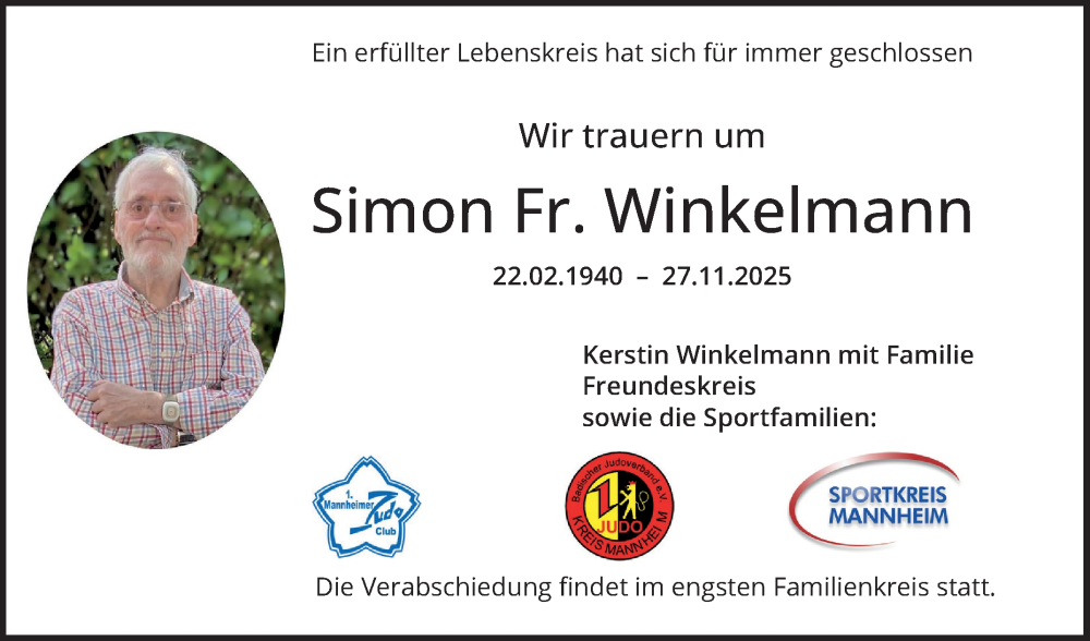  Traueranzeige für Simon Fr. Winkelmann vom 06.12.2025 aus Mannheimer Morgen