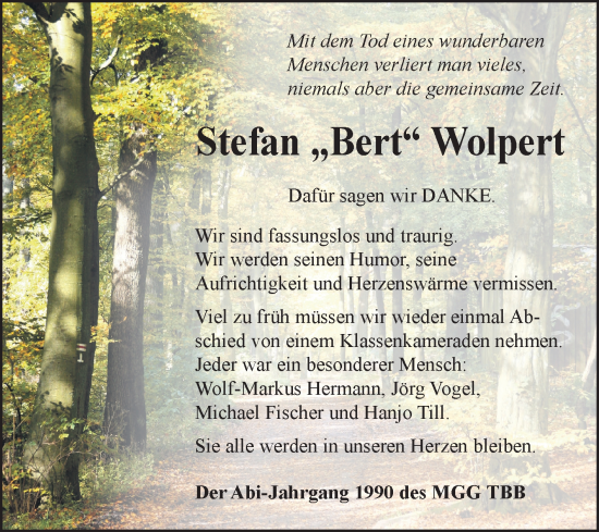 Traueranzeige von Stefan Wolpert von Fränkische Nachrichten