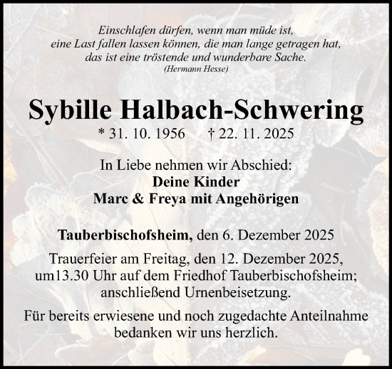 Traueranzeige von Sybille Halbach-Schwering von Fränkische Nachrichten