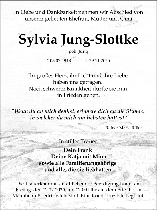 Traueranzeige von Sylvia Jung-Slottke von Mannheimer Morgen