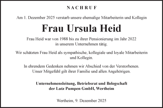 Traueranzeige von Ursula Heid von Fränkische Nachrichten
