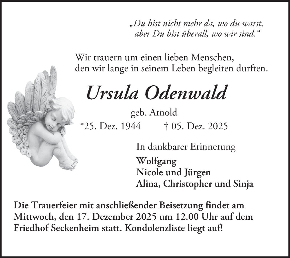  Traueranzeige für Ursula Odenwald vom 13.12.2025 aus Mannheimer Morgen