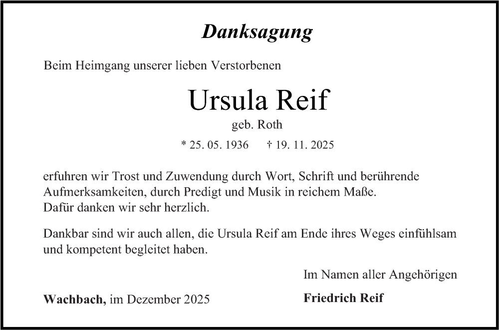  Traueranzeige für Ursula Reif vom 19.12.2025 aus Fränkische Nachrichten