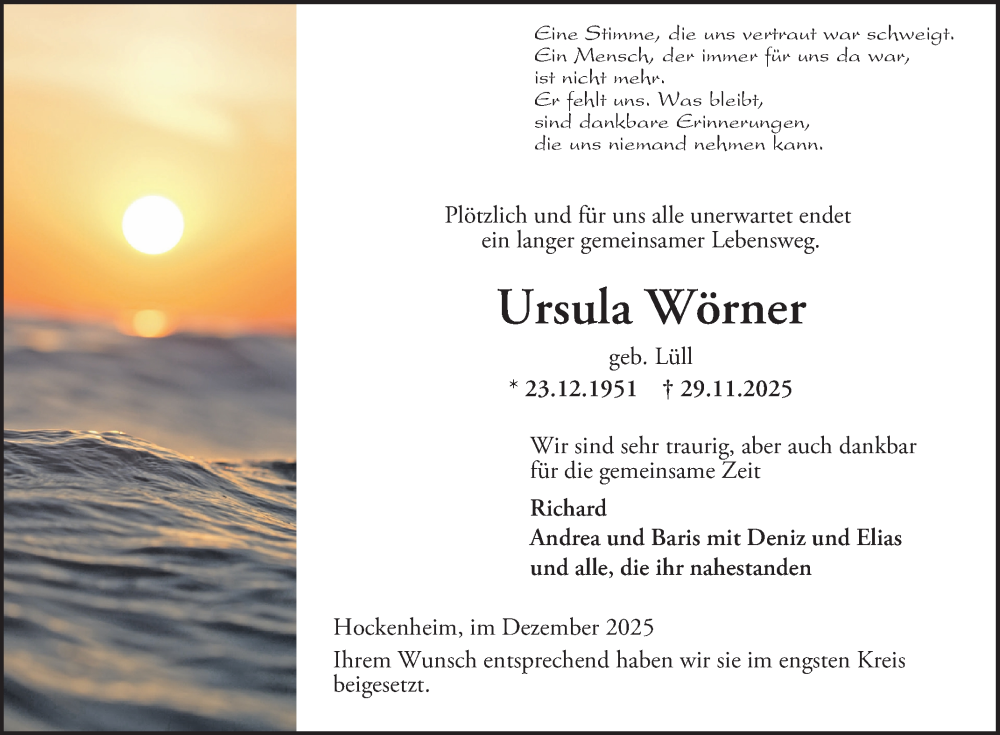 Traueranzeige für Ursula Wörner vom 13.12.2025 aus Schwetzinger Zeitung