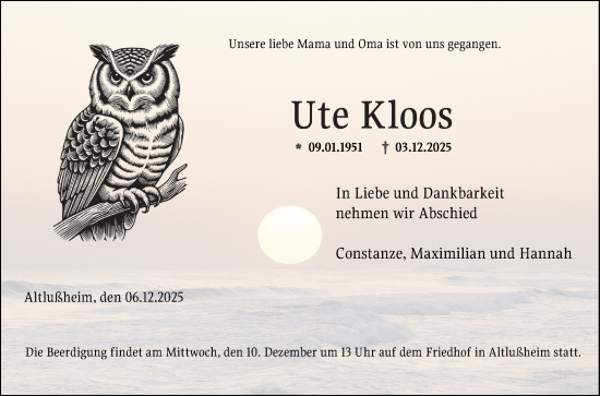 Traueranzeige von Ute Kloos von Schwetzinger Zeitung