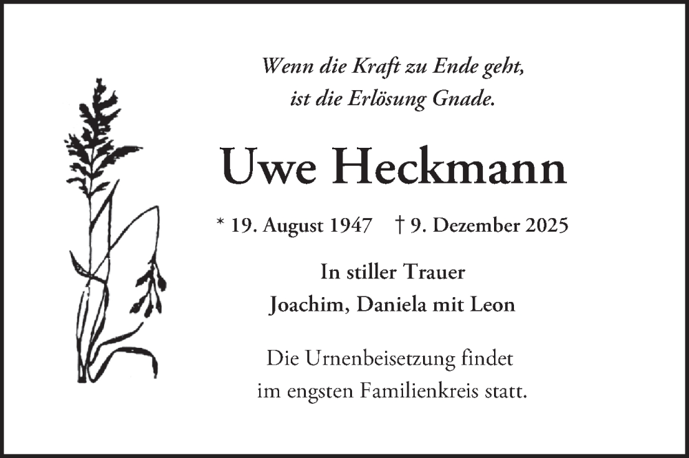  Traueranzeige für Uwe Heckmann vom 13.12.2025 aus Schwetzinger Zeitung