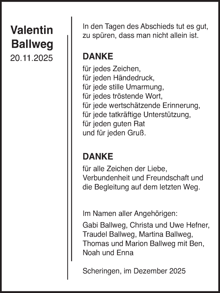  Traueranzeige für Valentin Ballweg vom 06.12.2025 aus Fränkische Nachrichten