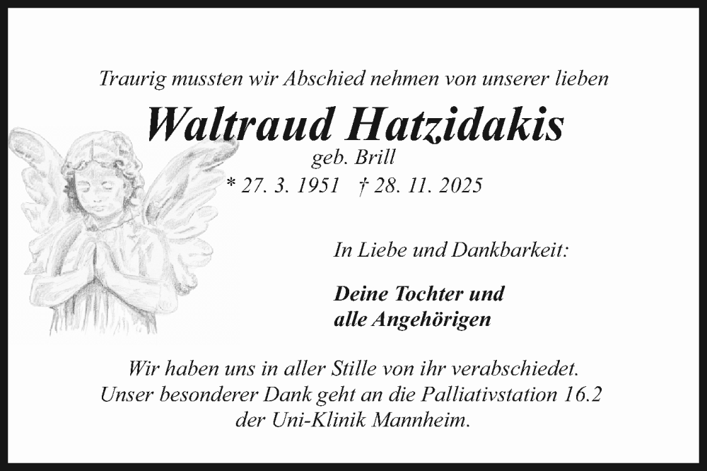  Traueranzeige für Waltraud Hatzidakis vom 06.12.2025 aus Mannheimer Morgen