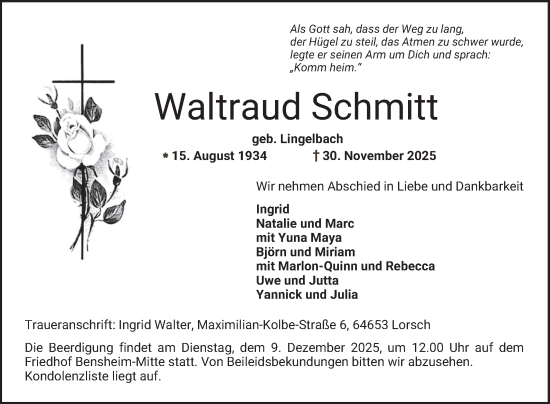 Traueranzeige von Waltraud Schmitt von Bergsträßer Anzeiger