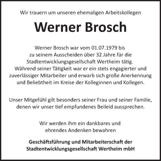 Traueranzeige von Werner Brosch von Fränkische Nachrichten