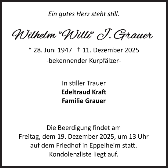 Traueranzeige von Wilhelm Grauer von Mannheimer Morgen