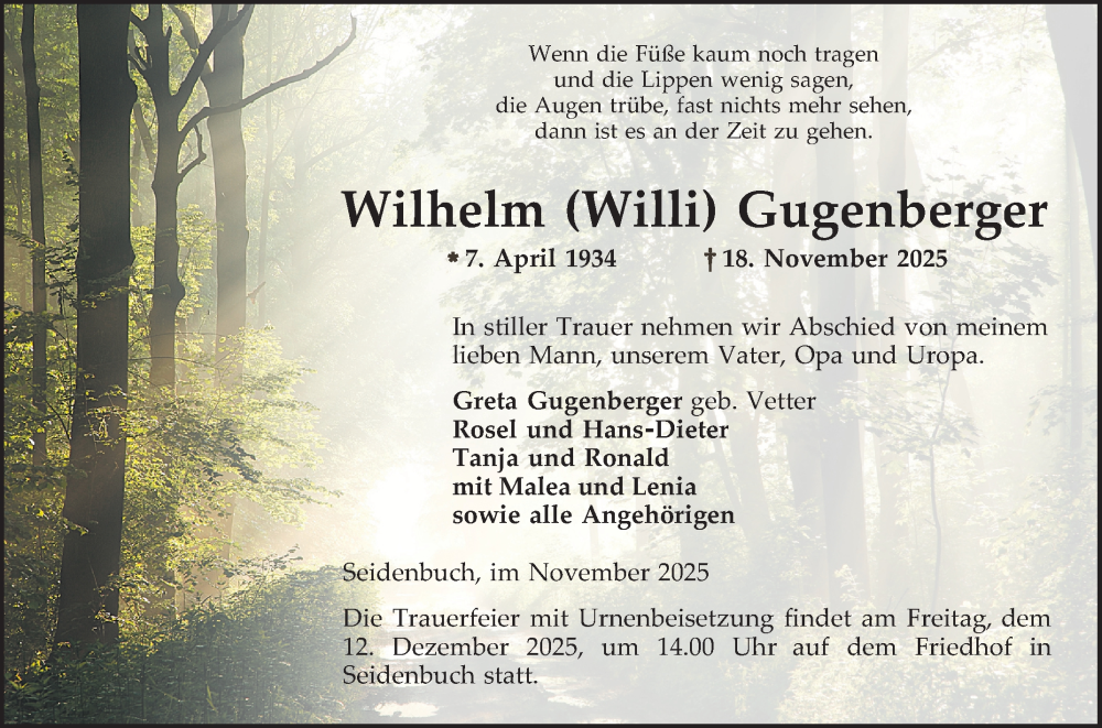  Traueranzeige für Wilhelm Gugenberger vom 06.12.2025 aus Bergsträßer Anzeiger