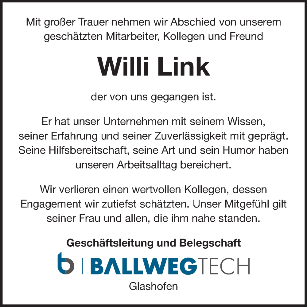  Traueranzeige für Willi Link vom 09.12.2025 aus Fränkische Nachrichten