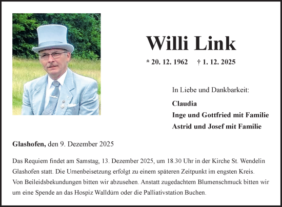 Traueranzeige von Willi Link von Fränkische Nachrichten