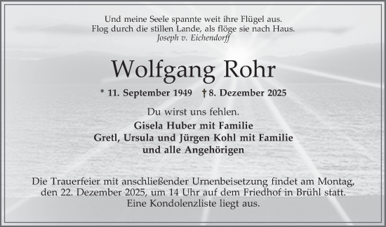 Traueranzeige von Wolfgang Rohr von Schwetzinger Zeitung