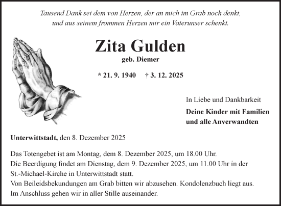 Traueranzeige von Zita Gulden von Fränkische Nachrichten