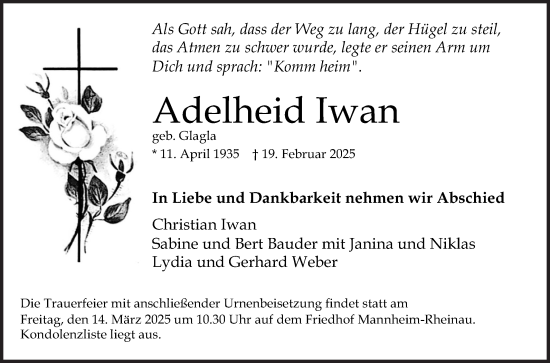 Traueranzeige von Adelheid Iwan von Mannheimer Morgen