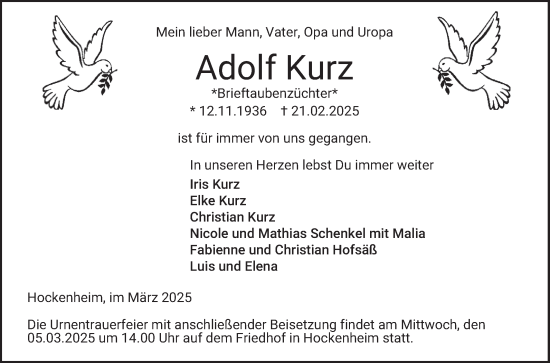 Traueranzeige von Adolf Kurz von Schwetzinger Zeitung