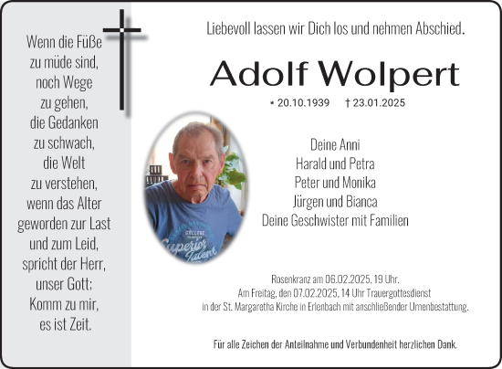 Traueranzeige von Adolf Wolpert von Fränkische Nachrichten