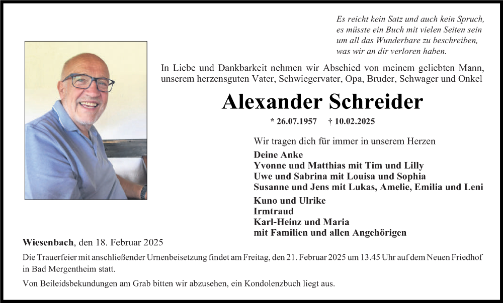  Traueranzeige für Alexander Schreider vom 18.02.2025 aus Fränkische Nachrichten